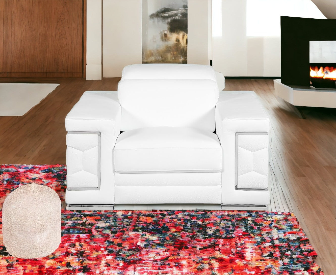 47" White And Silver Genuine Leather Arm Chair-1