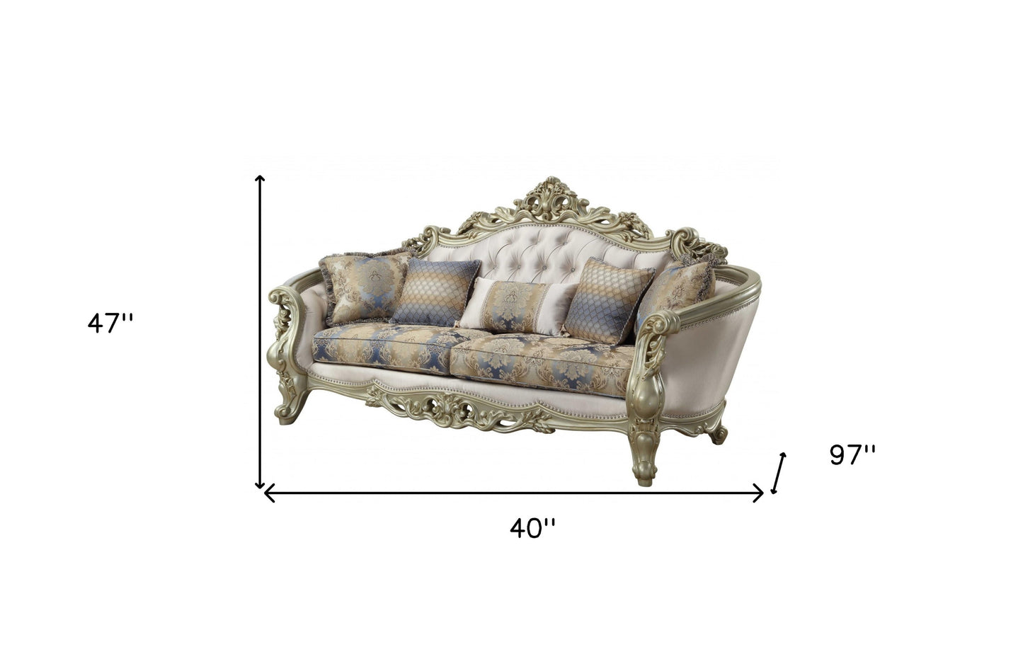 40" Antiqued White Velvet Curved Floral Sofa And Toss Pillows With Champagne Legs-6