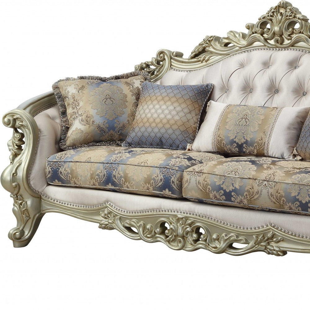 40" Antiqued White Velvet Curved Floral Sofa And Toss Pillows With Champagne Legs-3