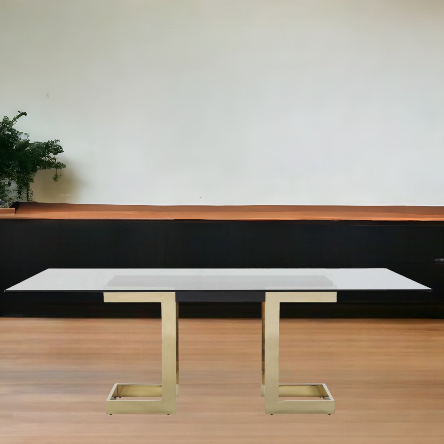 87" Clear And Gold Glass And Stainless Steel Double Pedestal Base Dining Table-0