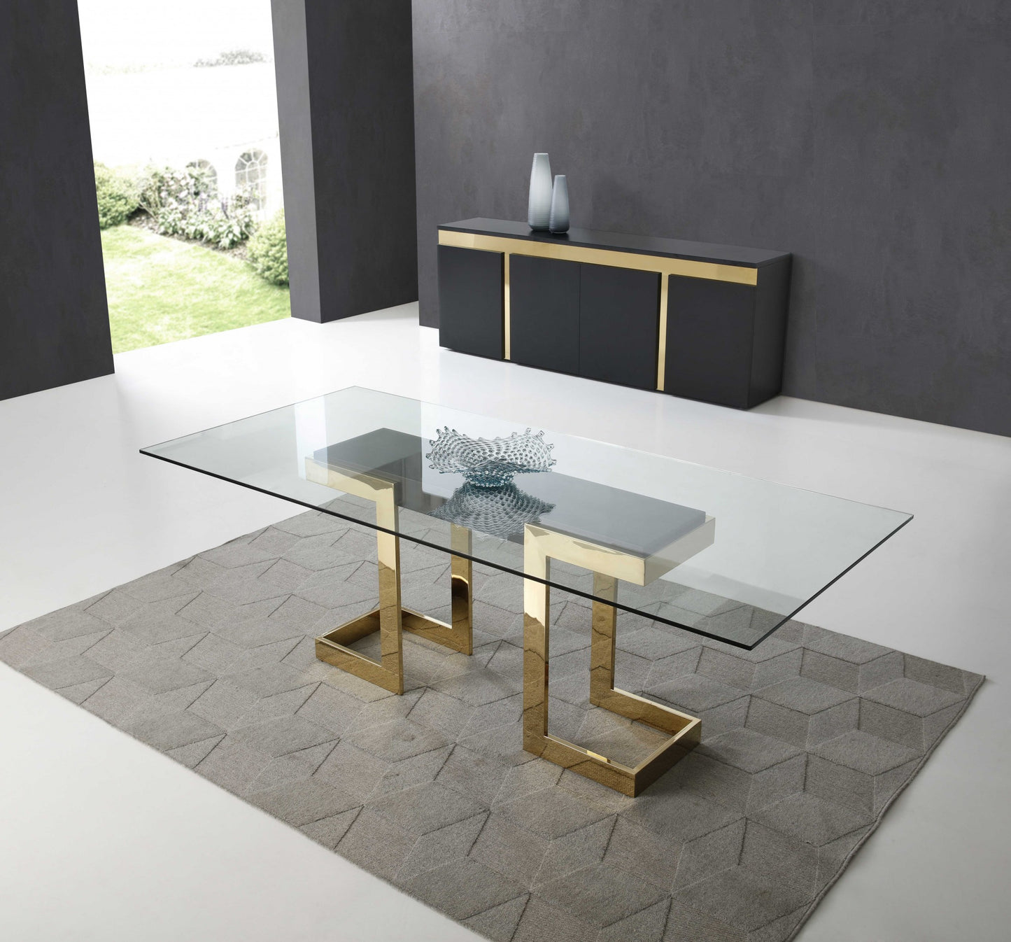 87" Clear And Gold Glass And Stainless Steel Double Pedestal Base Dining Table-7