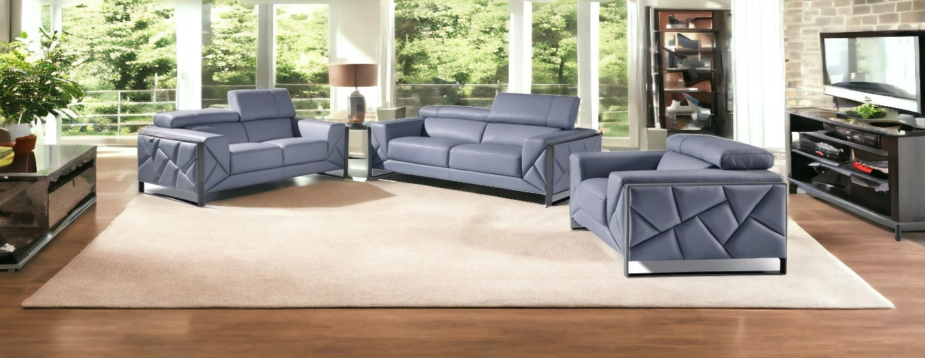 Three Piece Indoor Light Blue Italian Leather Six Person Seating Set-1