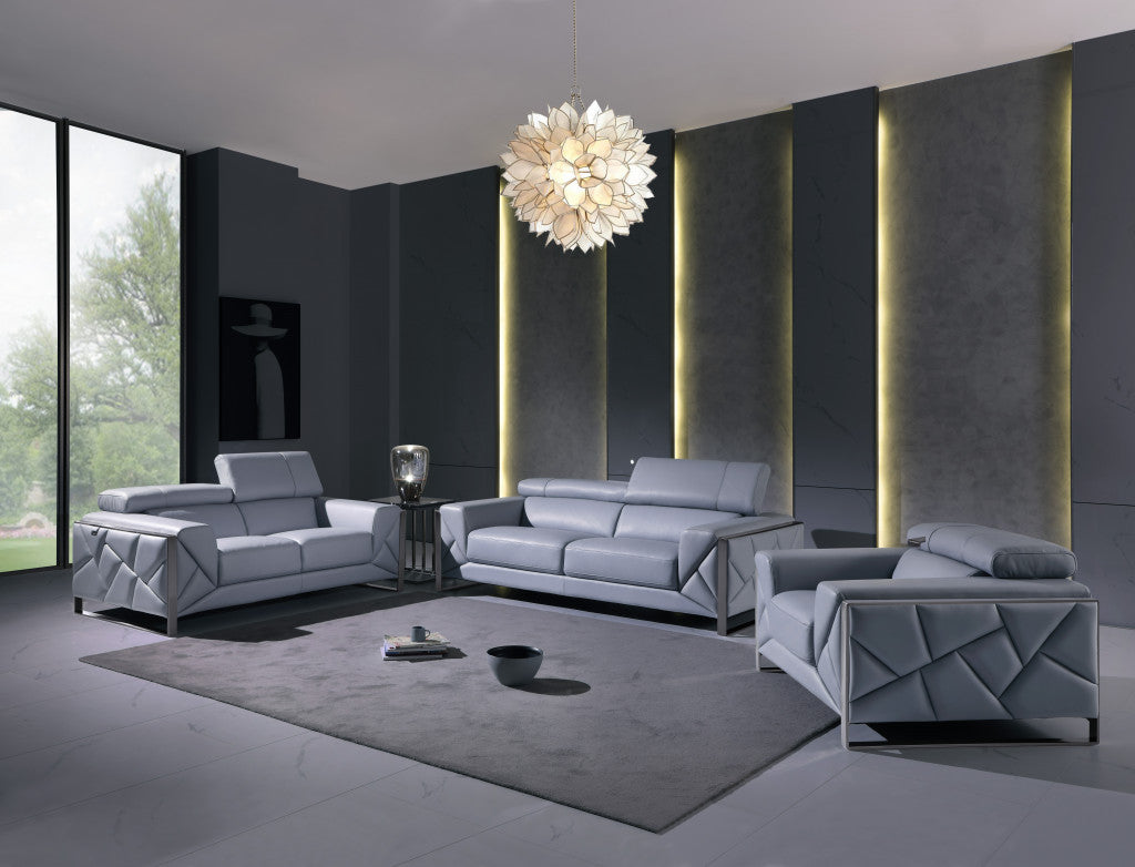 Three Piece Indoor Light Blue Italian Leather Six Person Seating Set-5