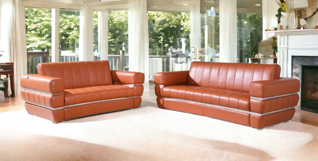 Two Piece Indoor Camel Italian Leather Five Person Seating Set-1
