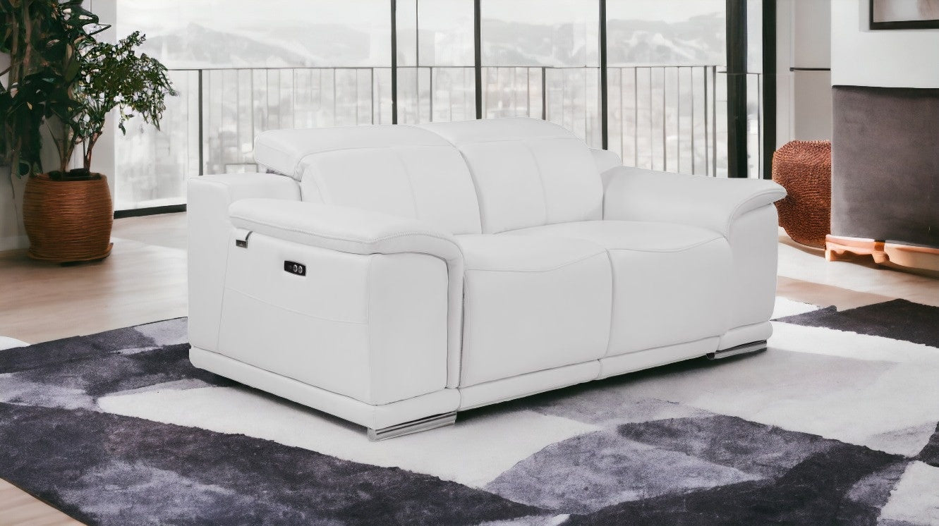 72" White And Silver Italian Leather Power Reclining Loveseat-1
