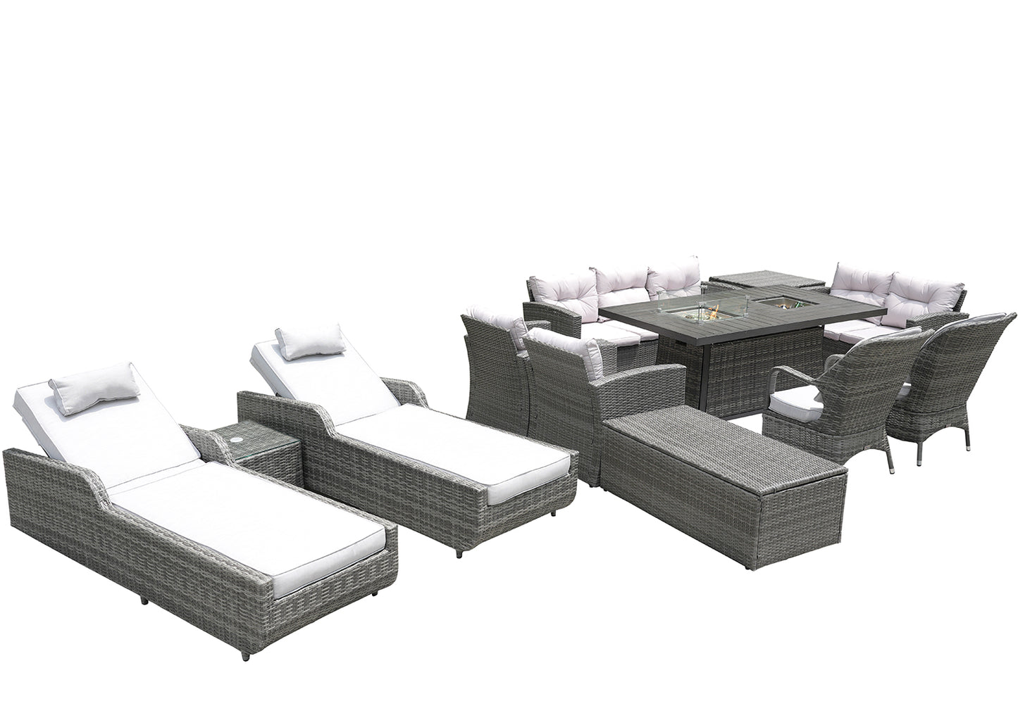 Twelve Piece Outdoor Gray Wicker Multiple Chairs Seating Group Fire Pit Included with White Cushions-1
