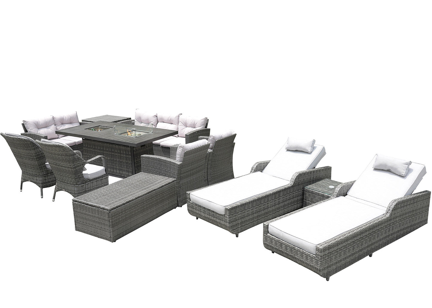 Twelve Piece Outdoor Gray Wicker Multiple Chairs Seating Group Fire Pit Included with White Cushions-3