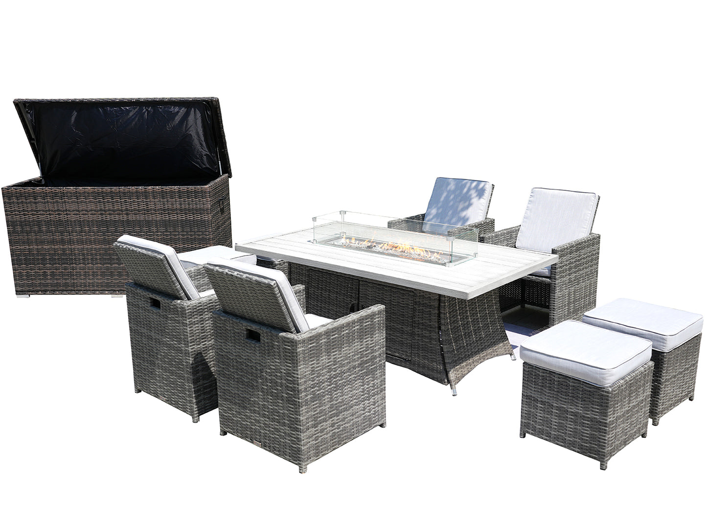 Ten Piece Outdoor Gray Wicker Multiple Chairs Seating Group Fire Pit Included with White Cushions-0