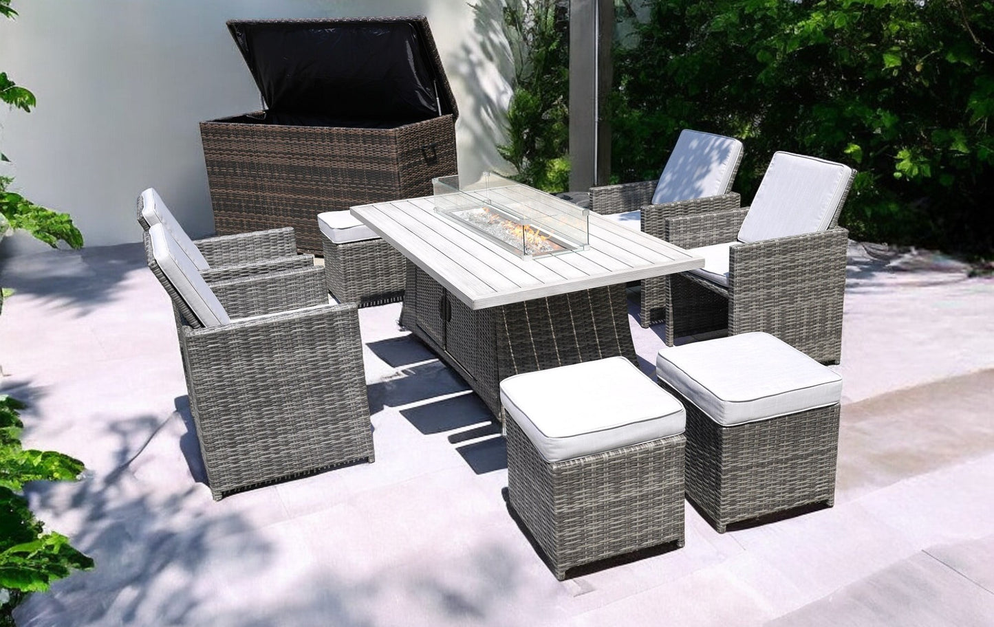Ten Piece Outdoor Gray Wicker Multiple Chairs Seating Group Fire Pit Included with White Cushions-3