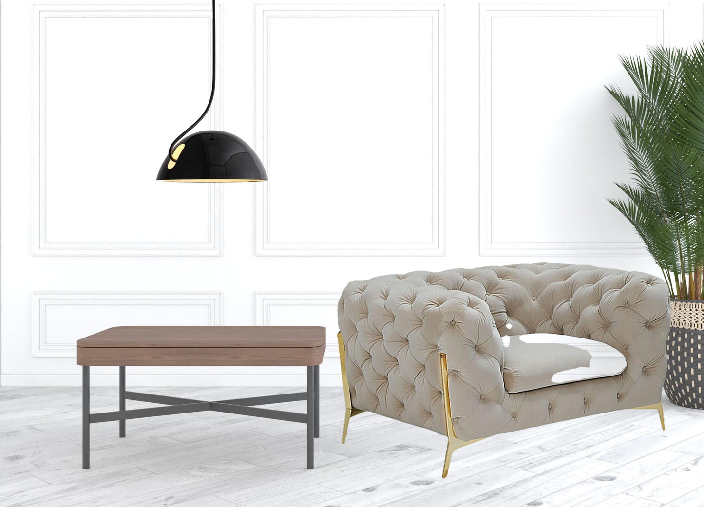 50" Beige And Gold Velvet Tufted Lounge Chair-3