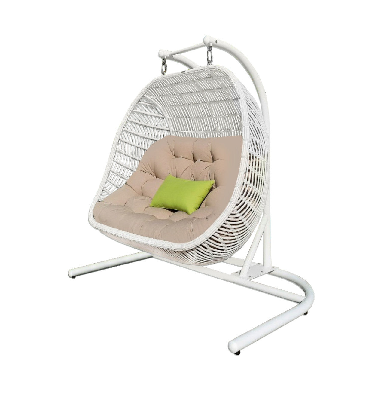 69" Beige and White Metal Indoor Outdoor Swing Chair with Beige Cushion-2