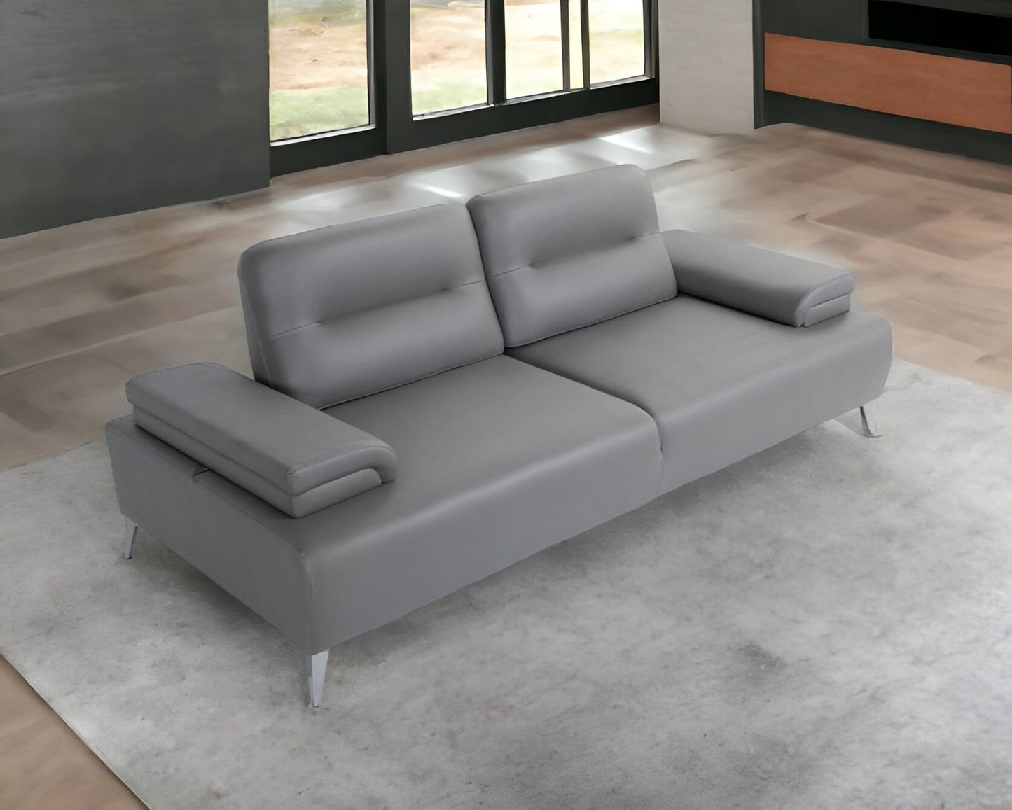 89" Light Gray Leather Convertible Sofa And Toss Pillows With Silver Legs-1