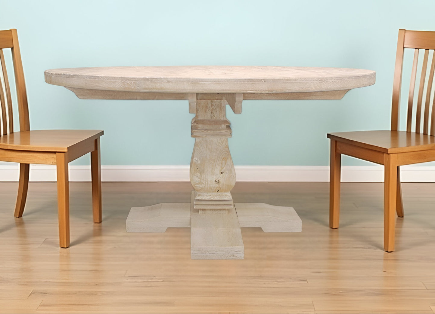 58" Natural Rounded Solid Wood Pedestal Base Dining Table-0