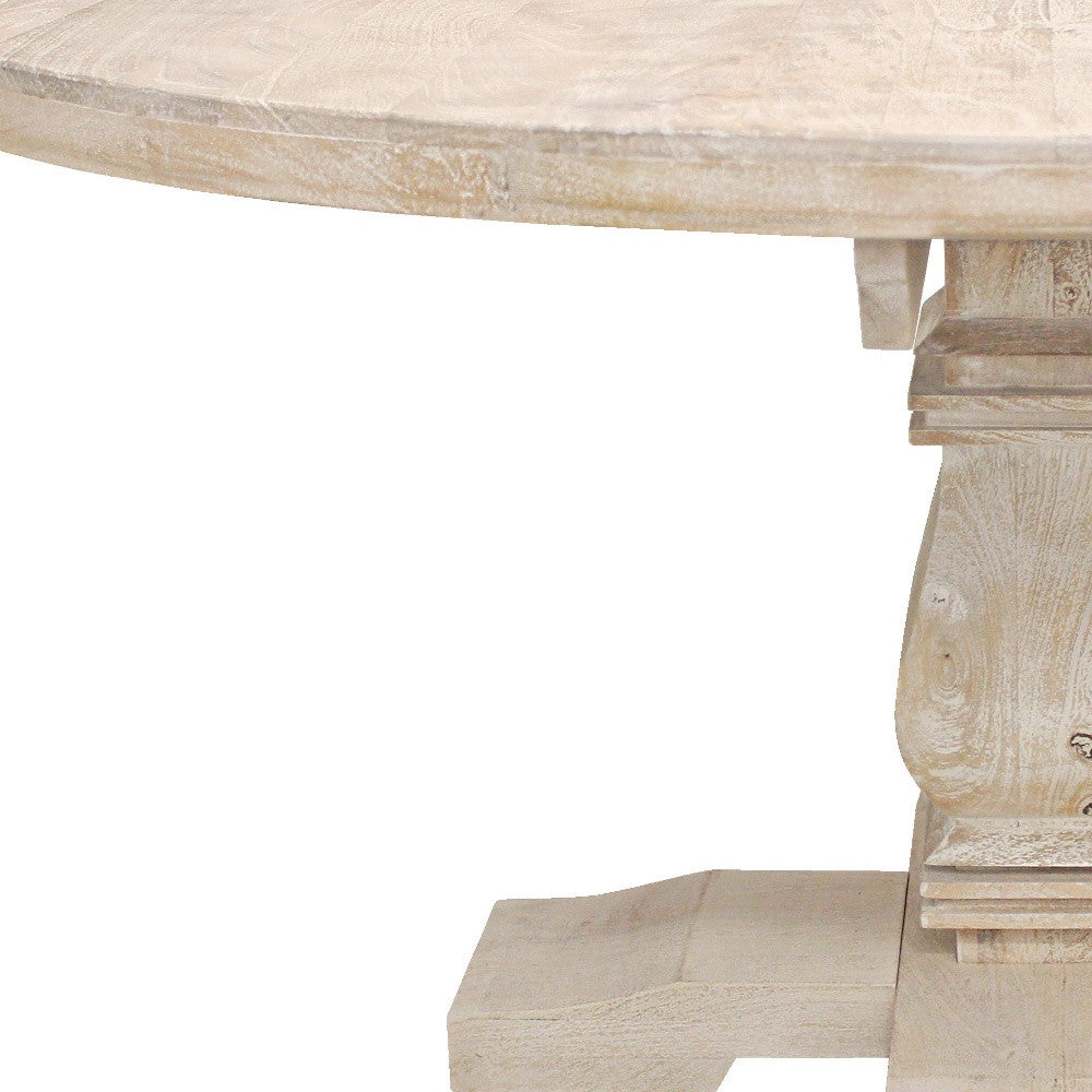 58" Natural Rounded Solid Wood Pedestal Base Dining Table-4