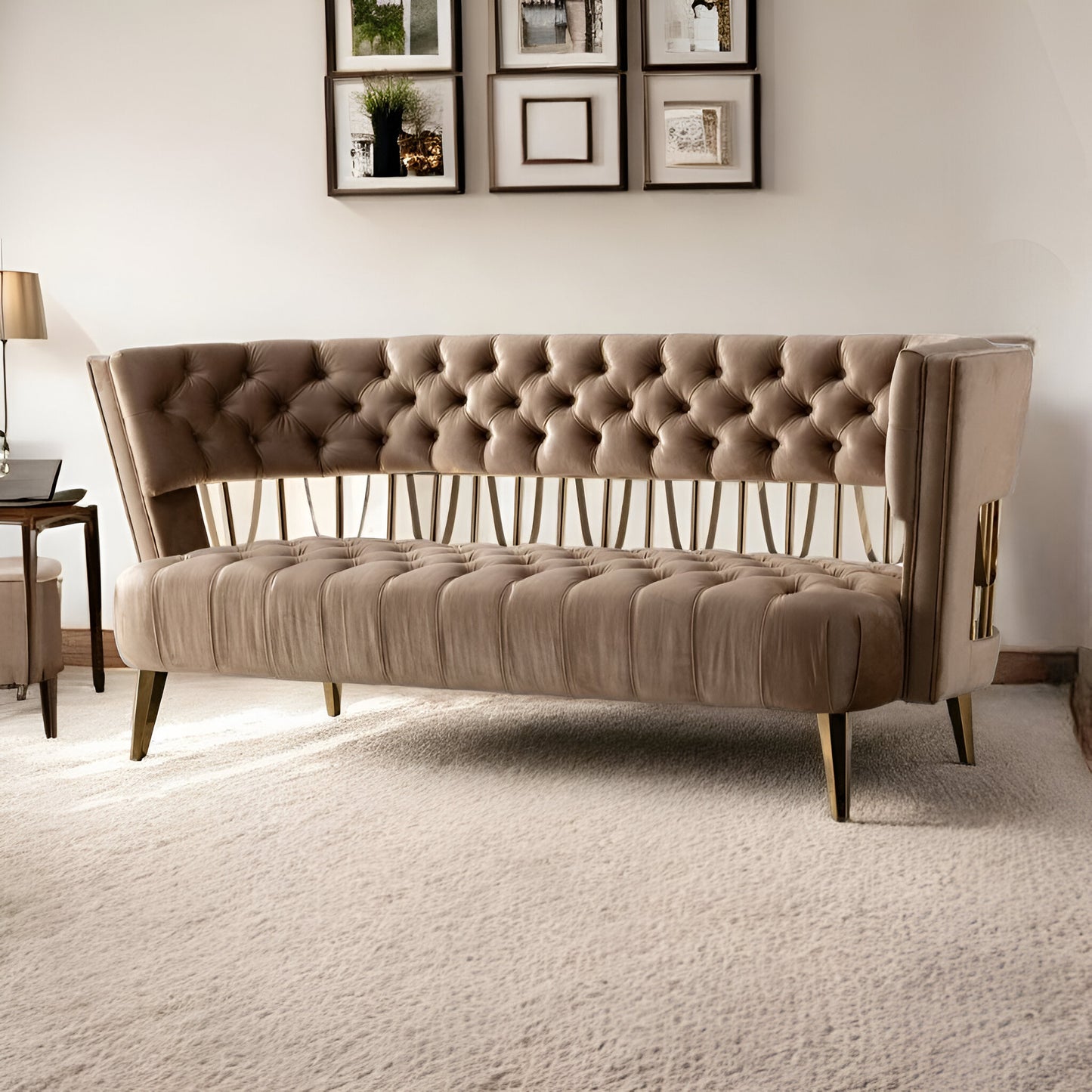 62" Beige And Gold Velvet Loveseat-1
