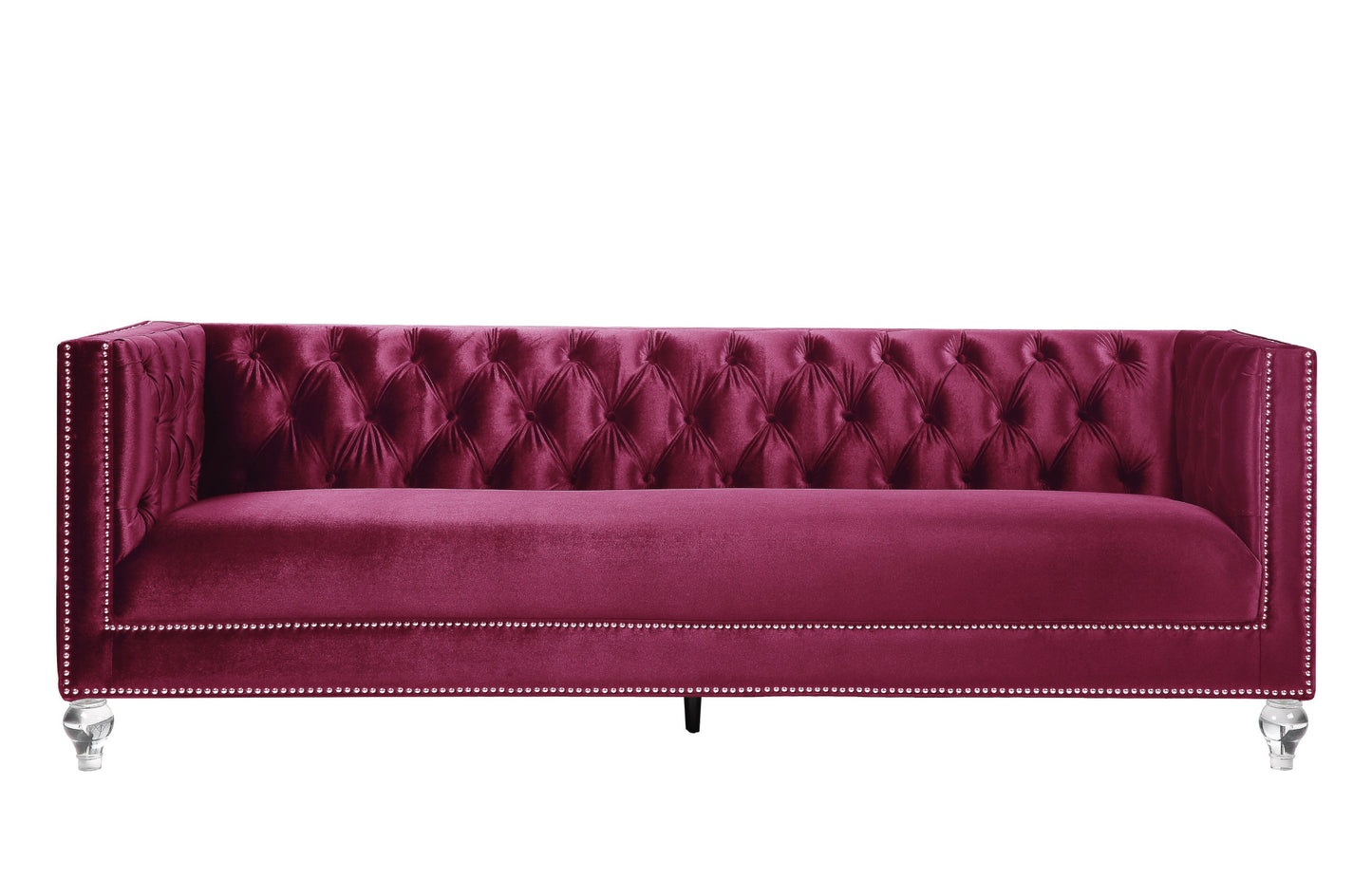 89" Burgundy Velvet Sofa And Toss Pillows With Black Legs-1