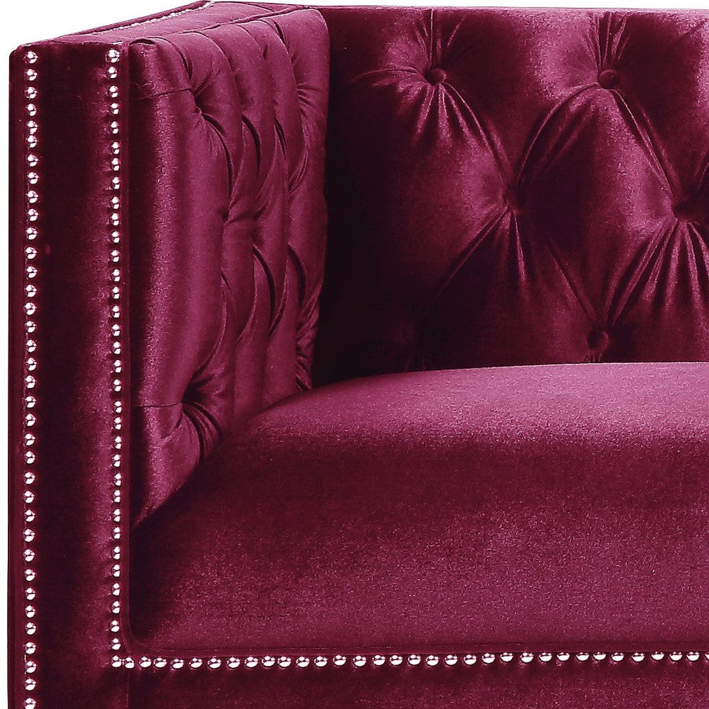 89" Burgundy Velvet Sofa And Toss Pillows With Black Legs-2