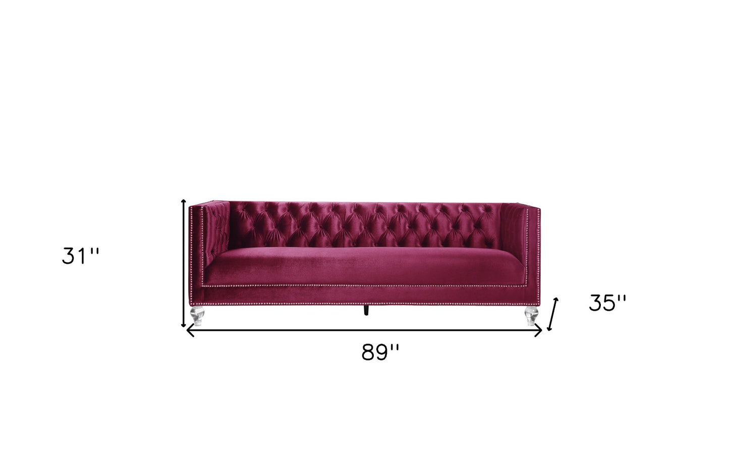 89" Burgundy Velvet Sofa And Toss Pillows With Black Legs-4