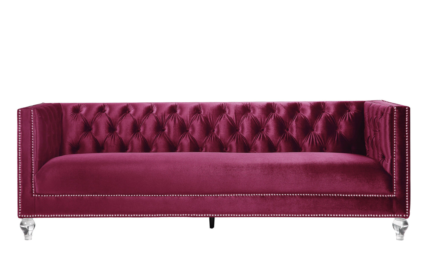 89" Burgundy Velvet Sofa And Toss Pillows With Black Legs-3