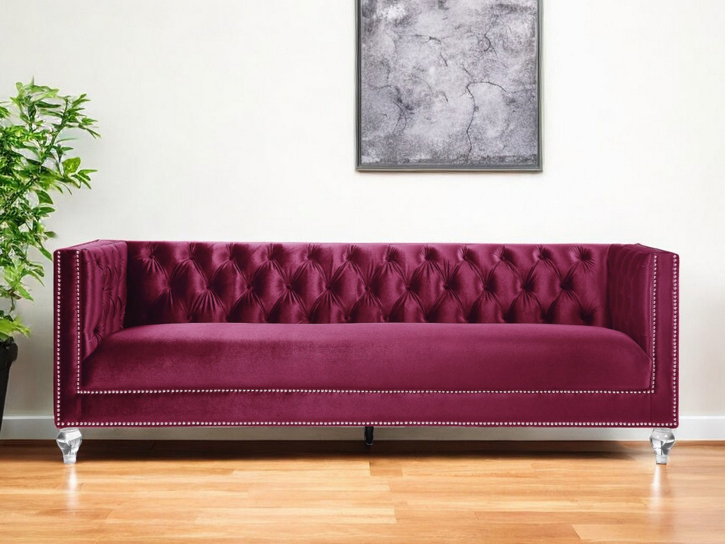89" Burgundy Velvet Sofa And Toss Pillows With Black Legs-0