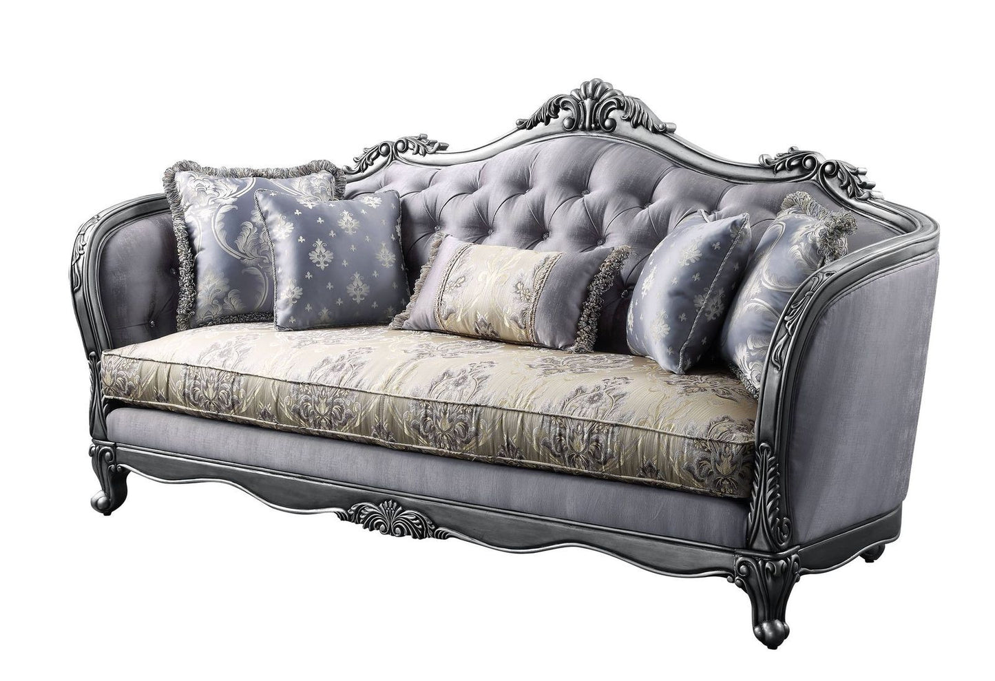 89" Platinum Imitation Silk Damask Sofa And Toss Pillows-1