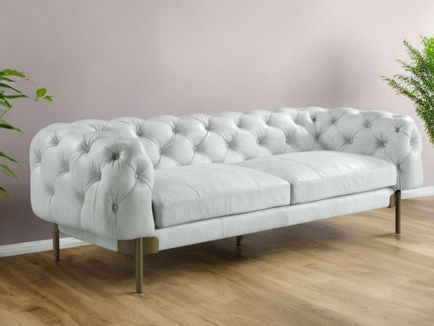 96" Light Slate Gray Top Grain Leather Sofa With Gold Legs-0