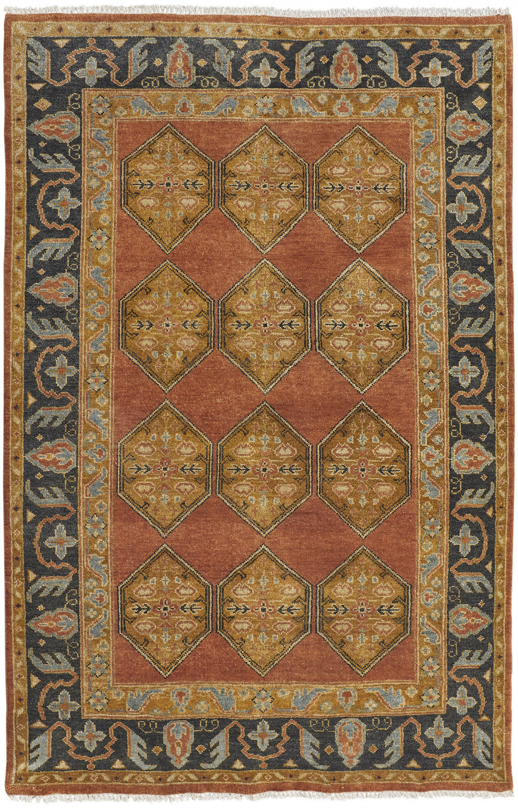 8' X 10' Tan Orange And Brown Wool Floral Hand Knotted Stain Resistant Area Rug-0