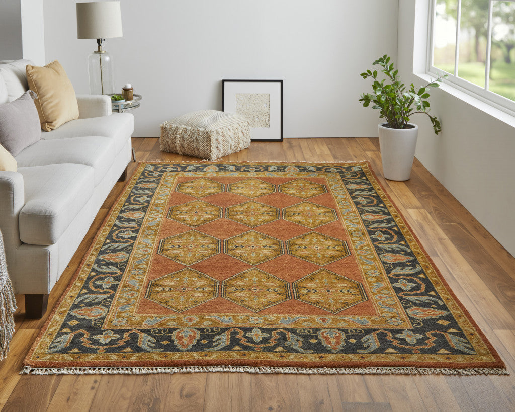 8' X 10' Tan Orange And Brown Wool Floral Hand Knotted Stain Resistant Area Rug-6
