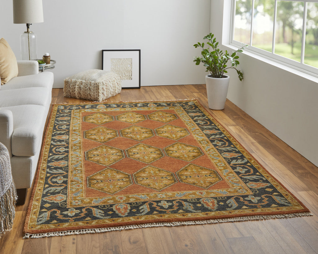 8' X 10' Tan Orange And Brown Wool Floral Hand Knotted Stain Resistant Area Rug-7