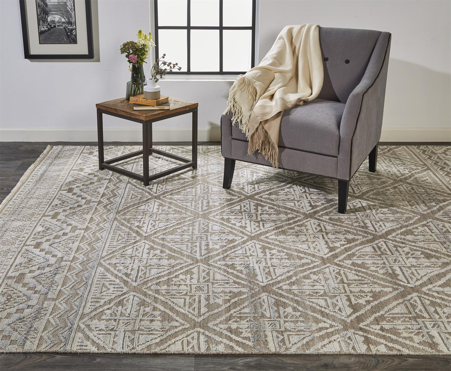12' X 15' Tan and Ivory Geometric Hand Knotted Area Rug-4