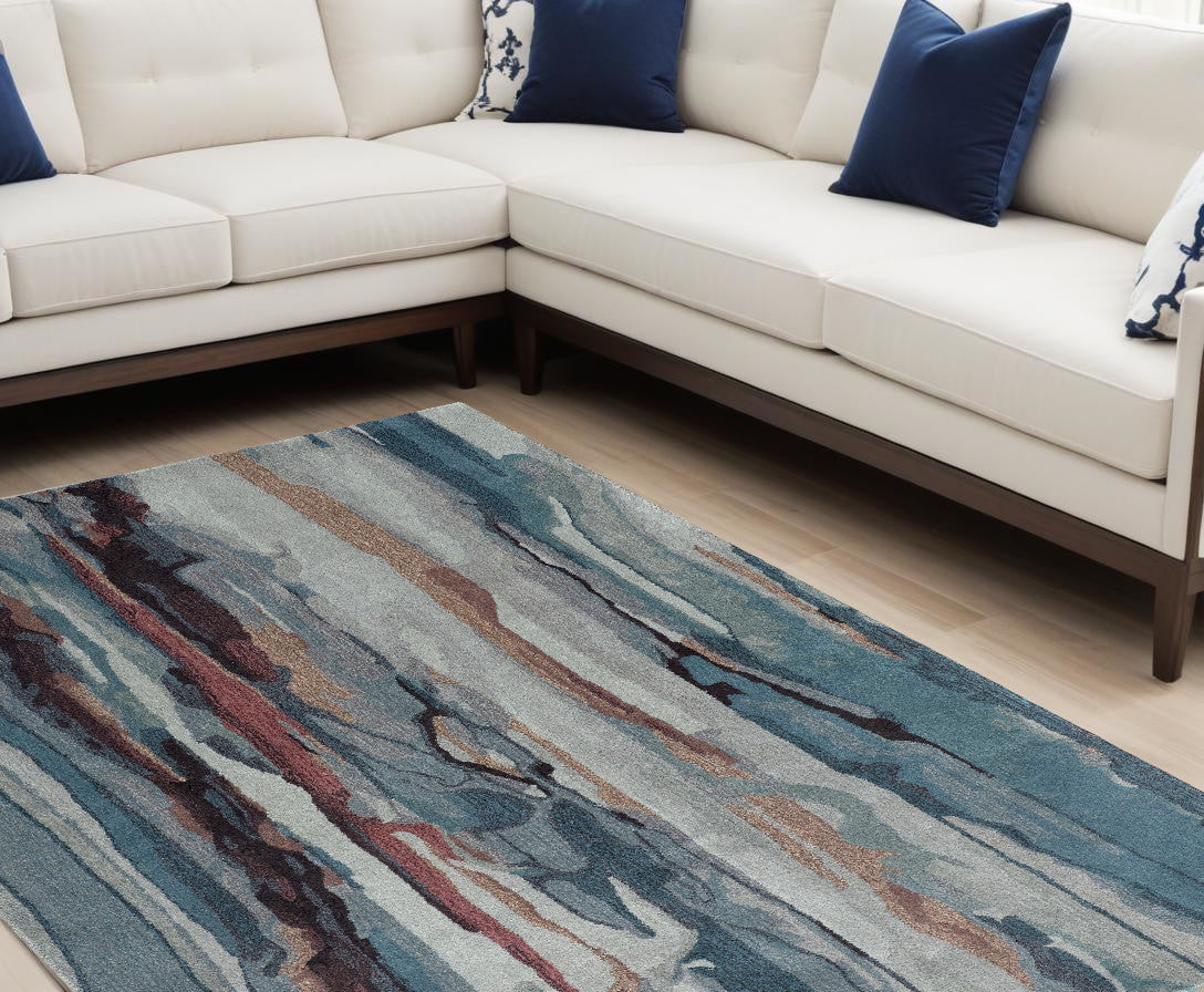 8' X 10' Blue Red And Ivory Wool Abstract Tufted Handmade Stain Resistant Area Rug-0