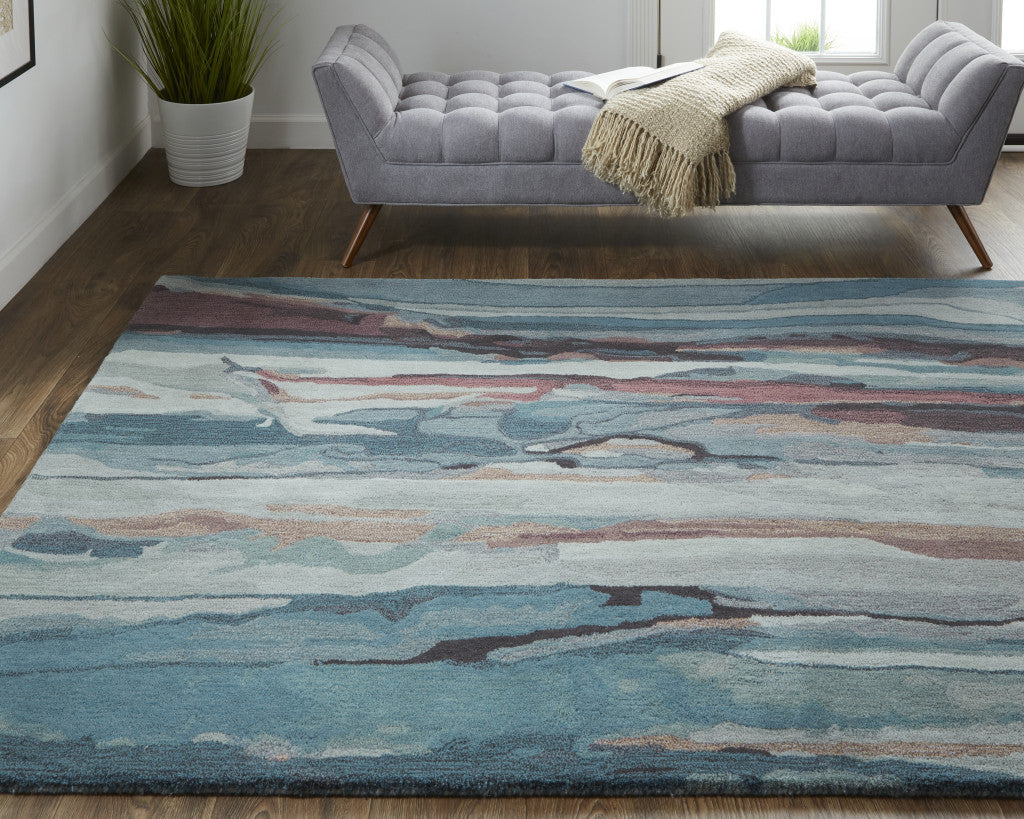 8' X 10' Blue Red And Ivory Wool Abstract Tufted Handmade Stain Resistant Area Rug-5