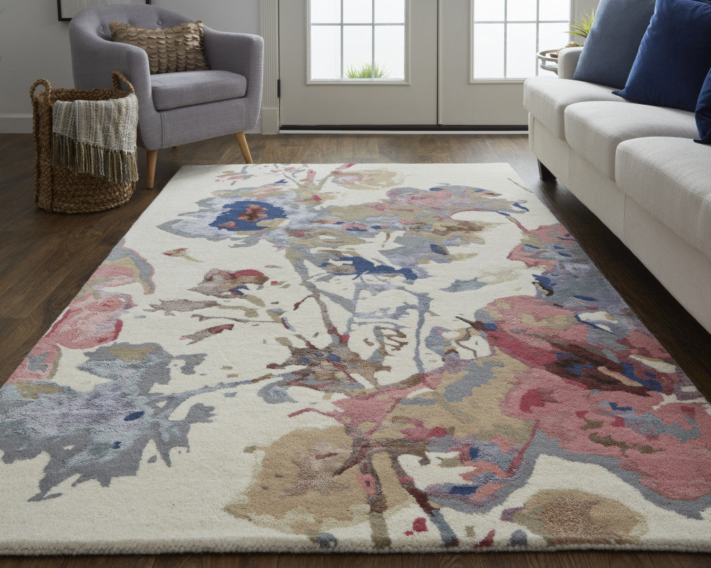 10' X 14' Ivory and Blue Wool Floral Hand Tufted Area Rug-5