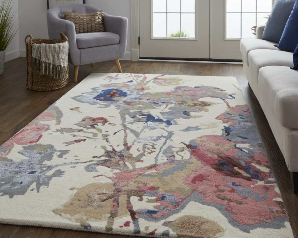 10' X 14' Ivory and Blue Wool Floral Hand Tufted Area Rug-6