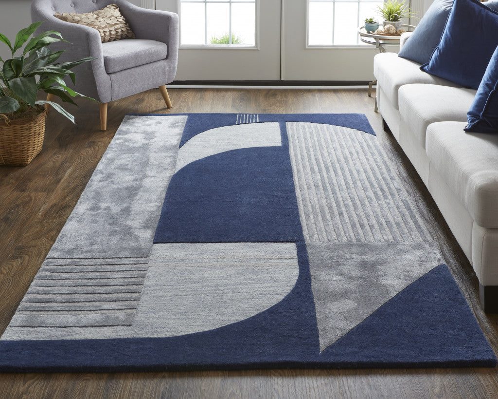 12' X 15' Blue And Silver Wool Geometric Tufted Handmade Area Rug-7