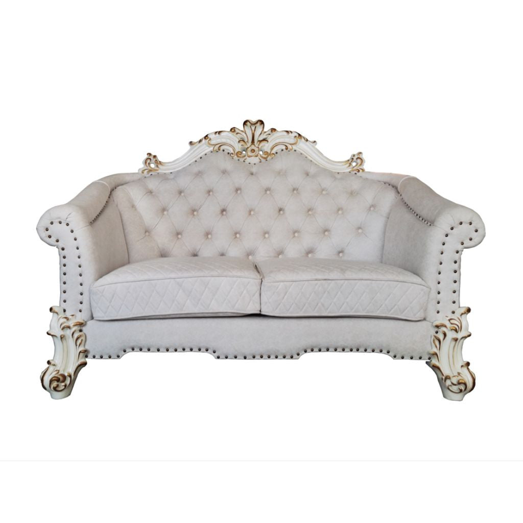 66" Two Tone Ivory And Pearl Velvet Loveseat and Toss Pillows-0