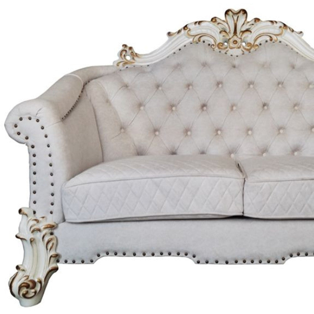 66" Two Tone Ivory And Pearl Velvet Loveseat and Toss Pillows-2