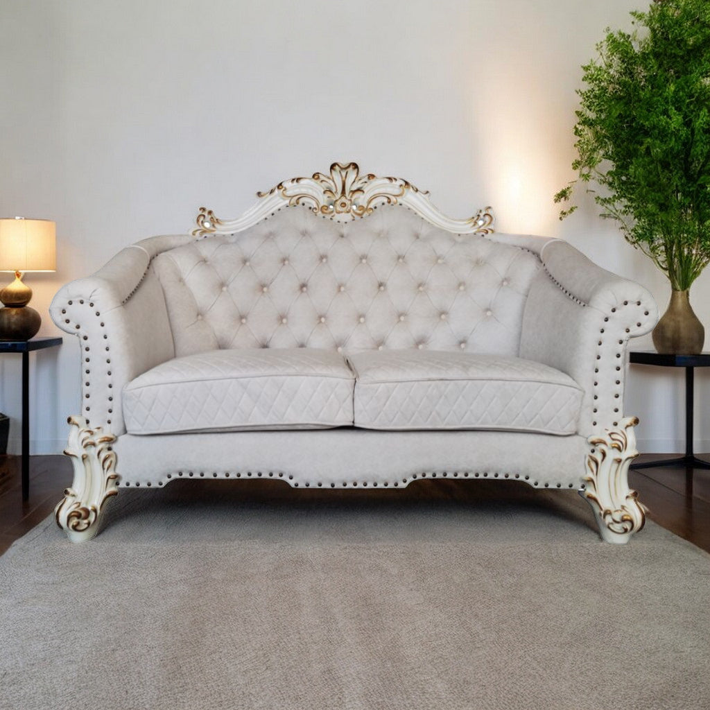 66" Two Tone Ivory And Pearl Velvet Loveseat and Toss Pillows-1