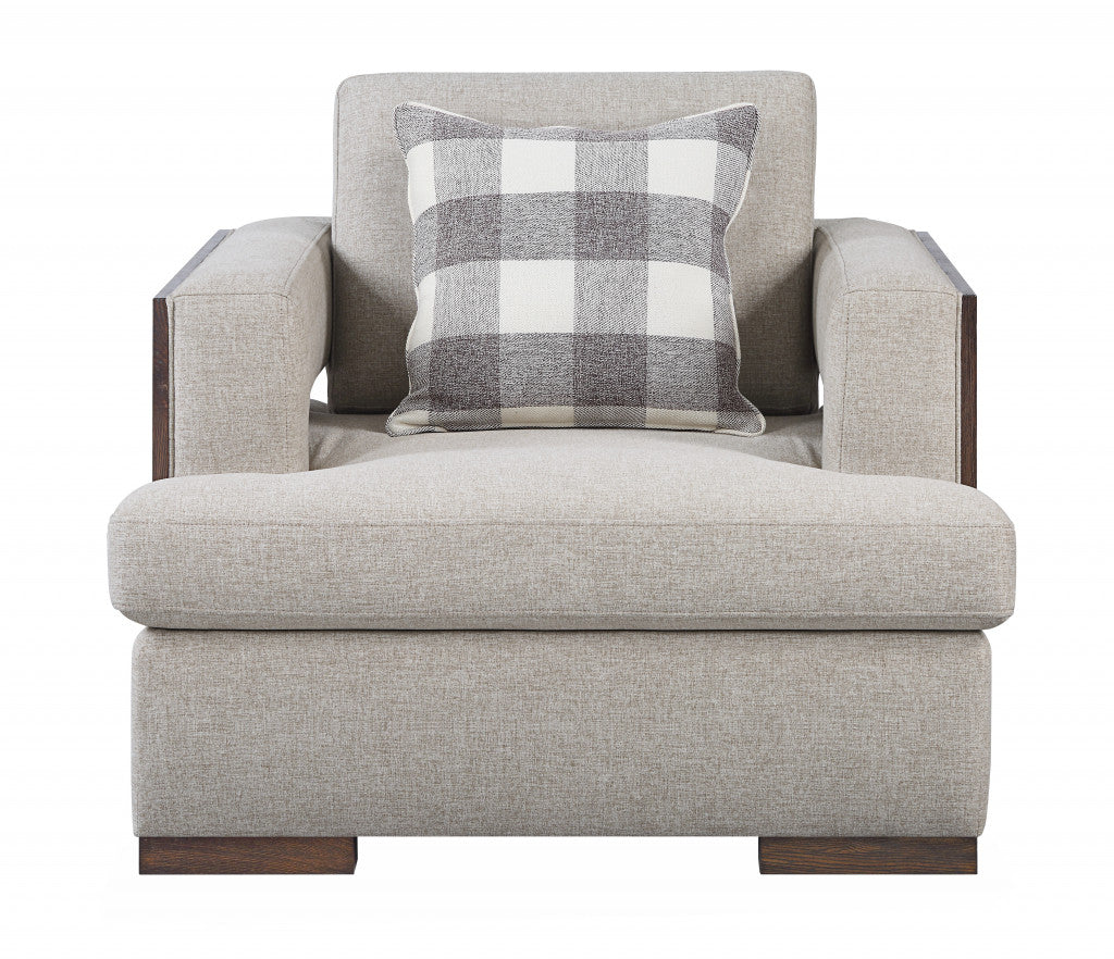 40" Light Gray and Brown Fabric Arm Chair And Toss Pillow-1