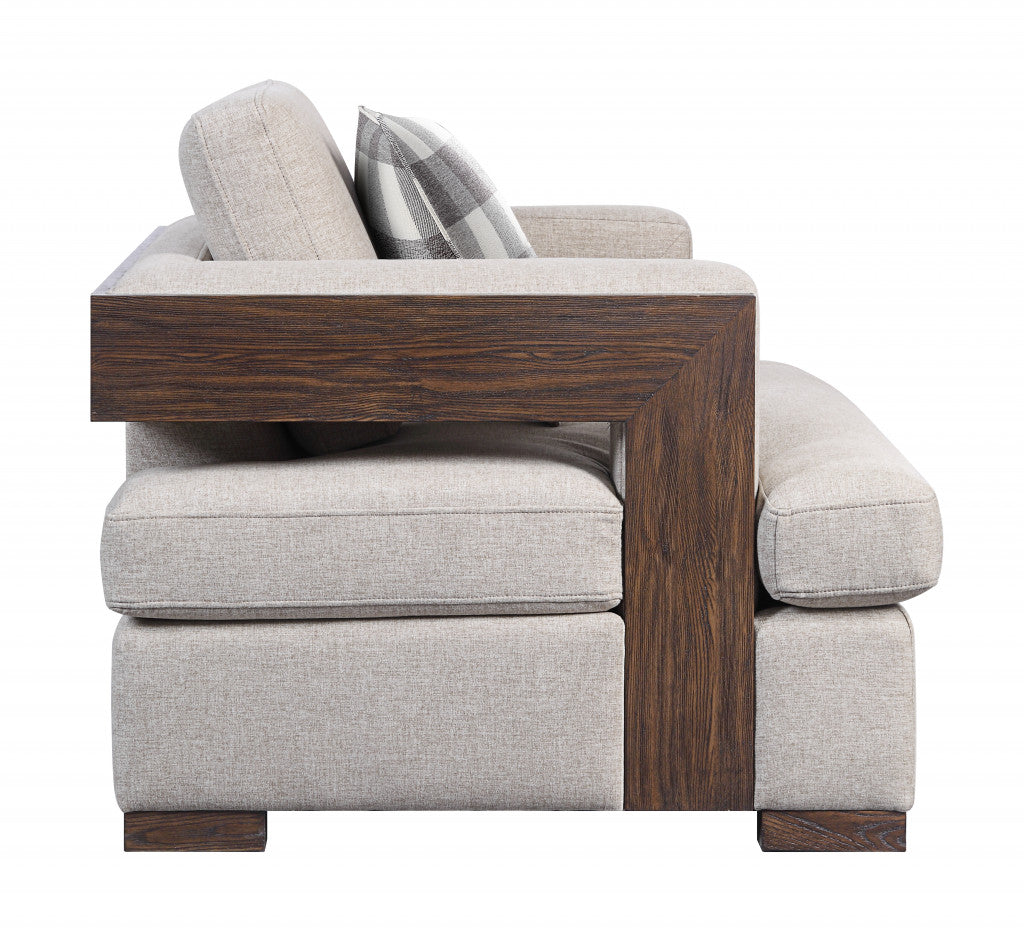 40" Light Gray and Brown Fabric Arm Chair And Toss Pillow-2