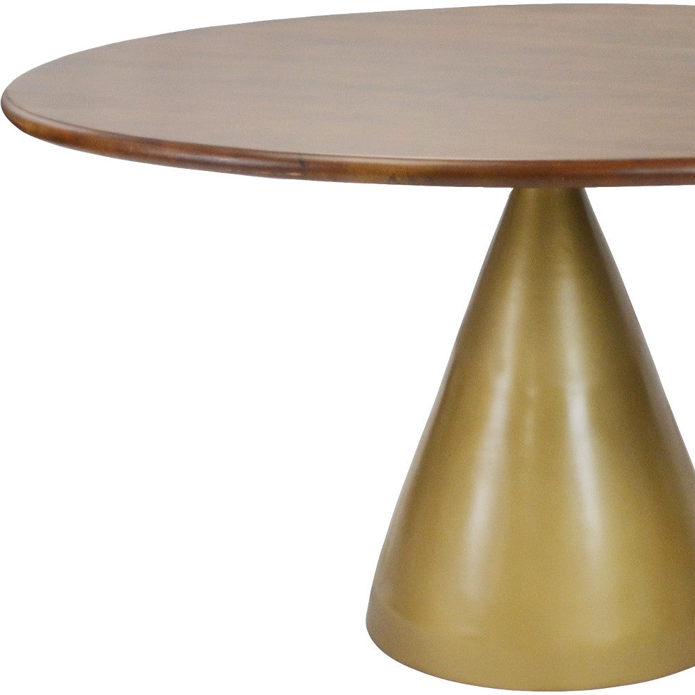 48" Brown And Gold Rounded Solid Wood And Iron Pedestal Base Dining Table-2