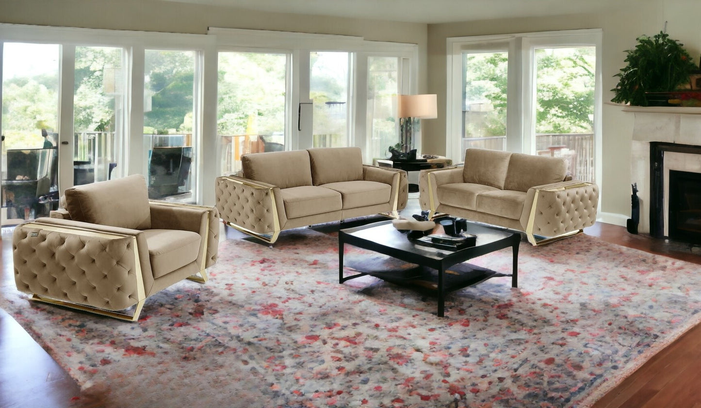 Three Piece Indoor Beige Velvet Six Person Seating Set-1