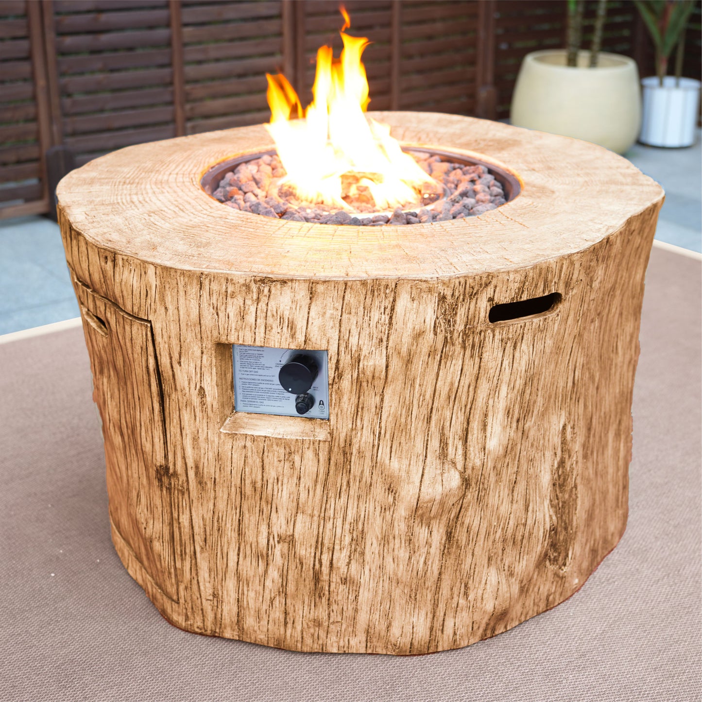 37" Brown Faux Wood Stump Propane Round Fire pit With Cover-4