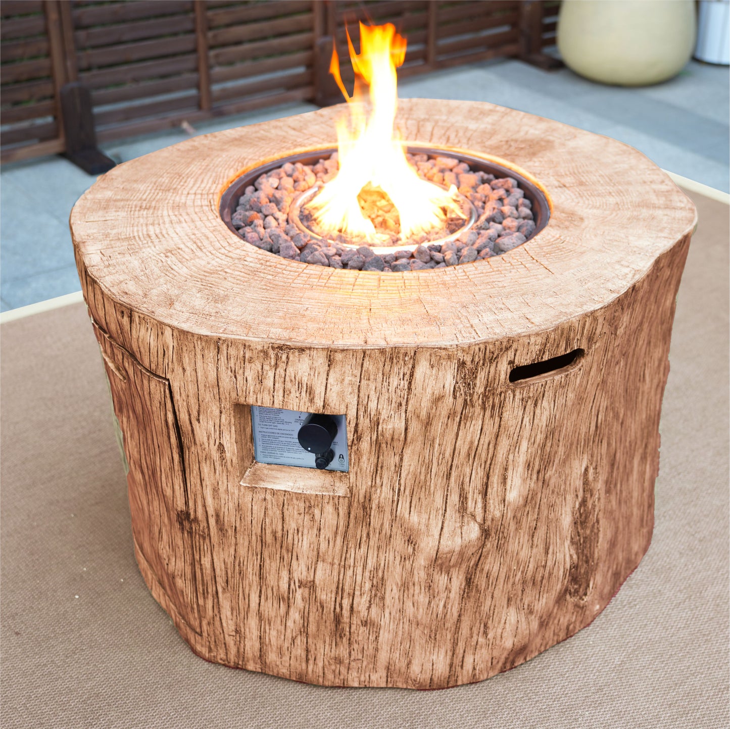37" Brown Faux Wood Stump Propane Round Fire pit With Cover-5
