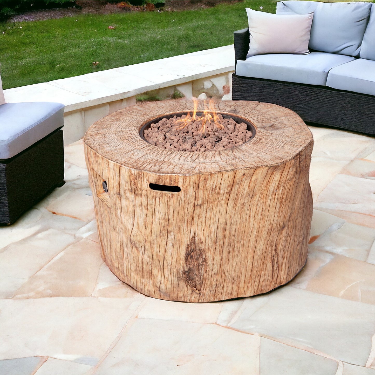 37" Brown Faux Wood Stump Propane Round Fire pit With Cover-1