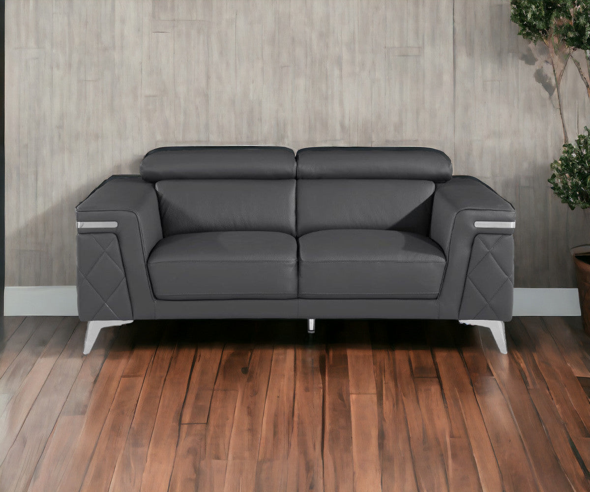 70" Dark Gray And Silver Metallic Leather Loveseat-1