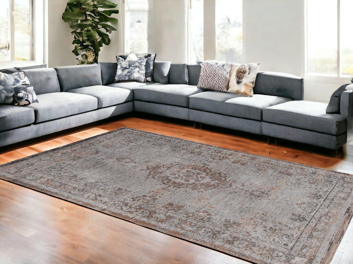 9' X 13' Gray and Beige Medallion Non Skid Area Rug-0