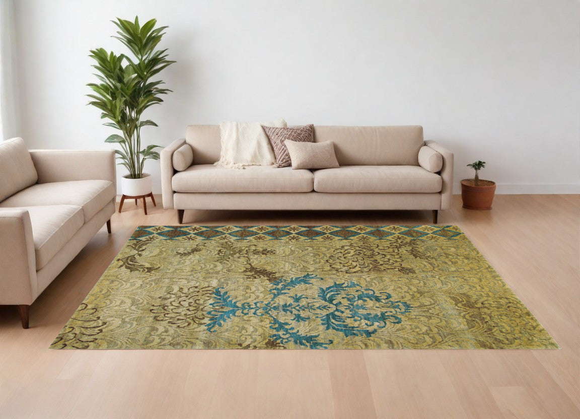 8' X 10' Tan Blue and Brown Floral Hand Knotted Area Rug-0
