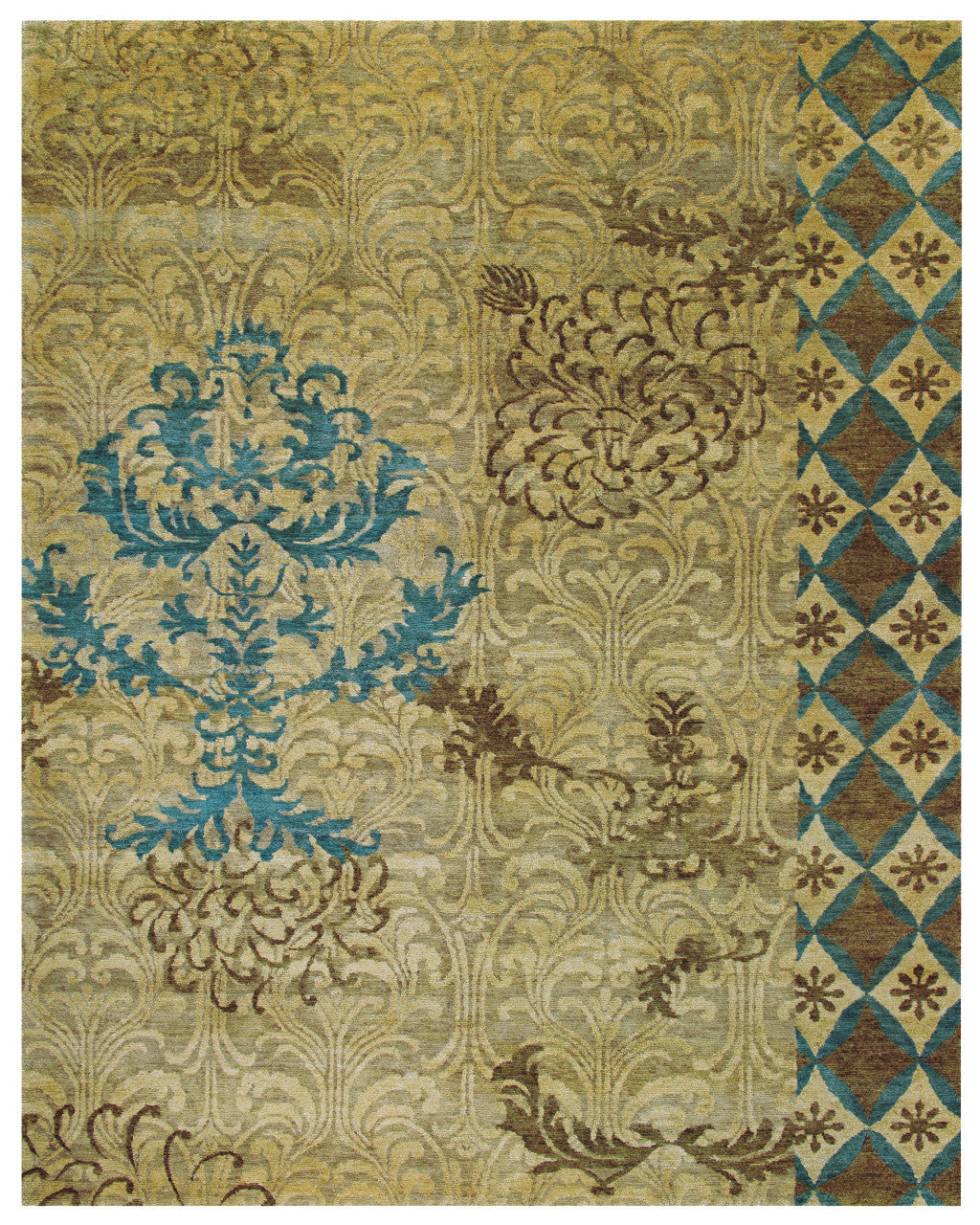 8' X 10' Tan Blue and Brown Floral Hand Knotted Area Rug-4