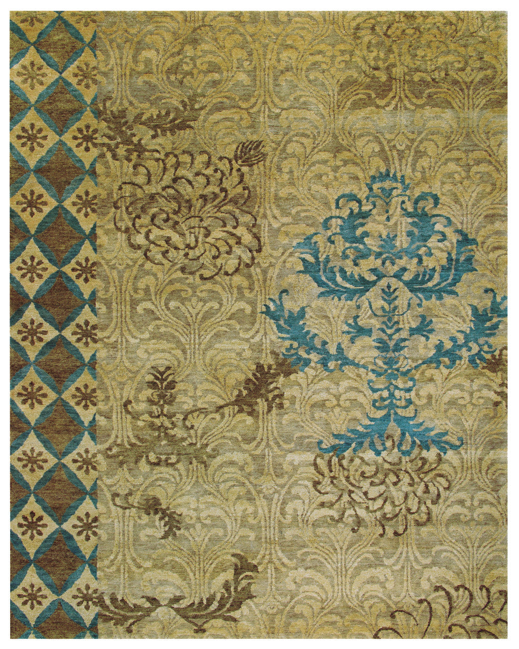 8' X 10' Tan Blue and Brown Floral Hand Knotted Area Rug-1